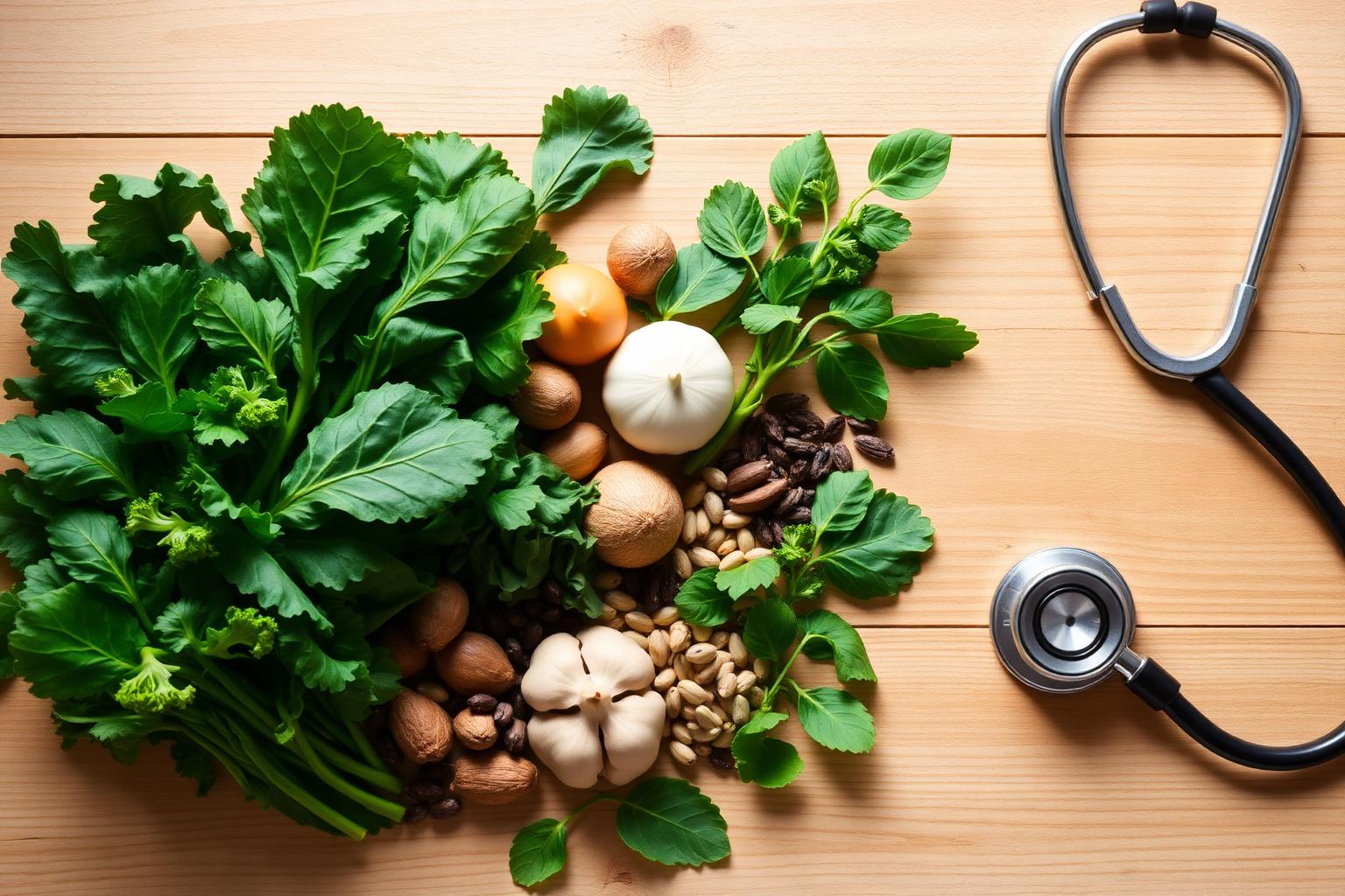 Vegetales frescos y estetoscopio simbolizando la terapia metabólica integrativa